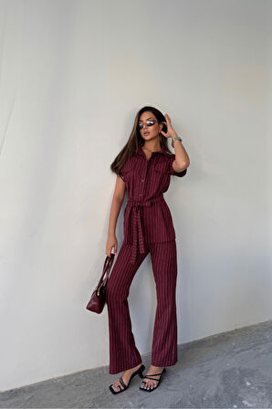 Yonca Moda Evi ÇİZGİLİ POLYVİSKON BLUZ - PANTOLON TAKIM - Bordo