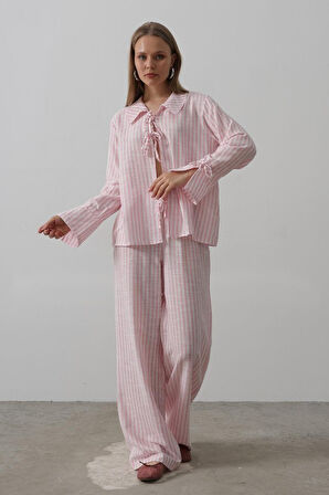 Yonca Moda Evi Çzgili Bağlamalı Pantolon Takım - Pembe
