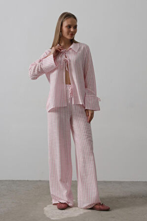 Yonca Moda Evi Çzgili Bağlamalı Pantolon Takım - Pembe