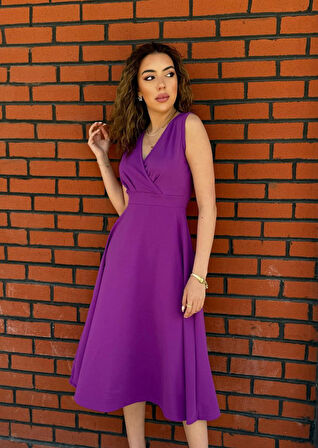Yonca Moda Evi Kadın Ithal Krep Kumaş Kruvaze Yaka Eteği Kloş Kolsuz Midi Elbise