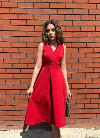 Yonca Moda Evi Kadın Ithal Krep Kumaş Kruvaze Yaka Eteği Kloş Kolsuz Mini Elbise