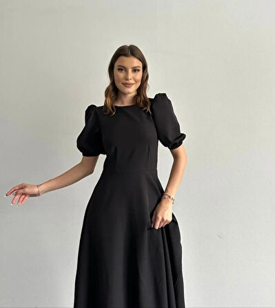Yonca Moda Evi Kadın Kısa Balon Kollu Bisiklet Yaka Geniş Kesim Janjan Krep Elbise