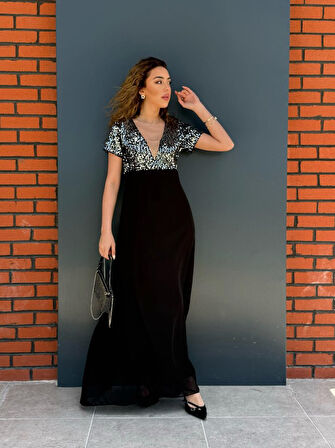 Yonca Moda Evi Kadın Kısa Kollu Derin V Yakalı A Kesim Pulpayet Detaylı şifon Nedime Elbisesi