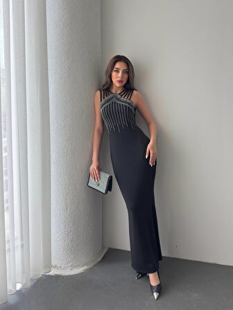 Yonca Moda Evi Kadın Omuz çoklu Askılı önü Taş Işlemeli Balık Kesim Janjan Krep Maxi Boy Elbise