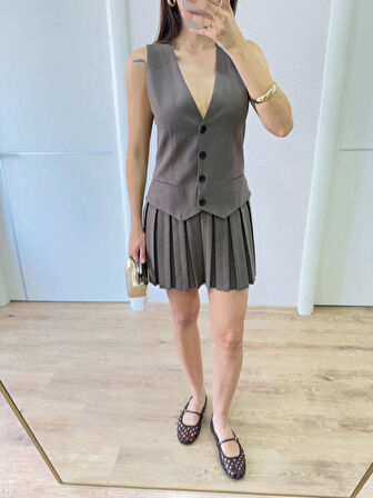 Yonca Moda Evi Takım Görünümlu Yelekli Mini Elbise- Füme