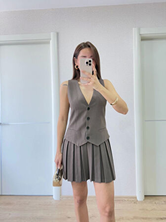 Yonca Moda Evi Takım Görünümlu Yelekli Mini Elbise- Füme