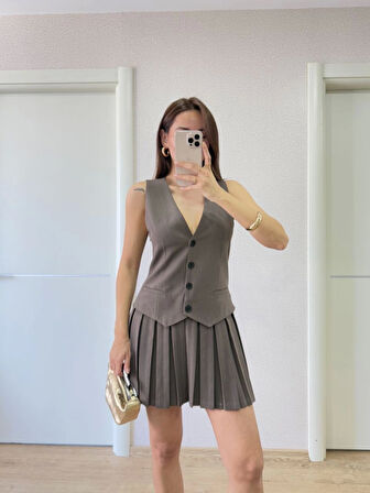 Yonca Moda Evi Takım Görünümlu Yelekli Mini Elbise- Füme