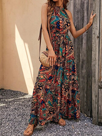 Yonca Moda Evi Kadın Kolsuz Halter Yaka Beli Lastikliotantik Desenli Mikro Kumaş Elbise