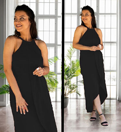 Yonca Moda Evi Kadın Omuzlardan Açık Boyundan Geçmeli Asimetrik Kesim Detaylı Viskon Elbise
