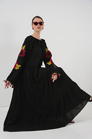Yonca Moda Evi Nakışlı Uzun Elbise 2534 - Siyah
