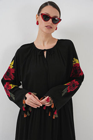 Yonca Moda Evi Nakışlı Uzun Elbise 2534 - Siyah