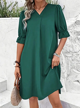 Yonca Moda Evi Kadın Kısa Kollu V Yakalı Salaş Janjan Krep Elbise