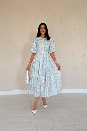 Yonca Moda Evi Mint Kemerli Balon Kollu Elbise