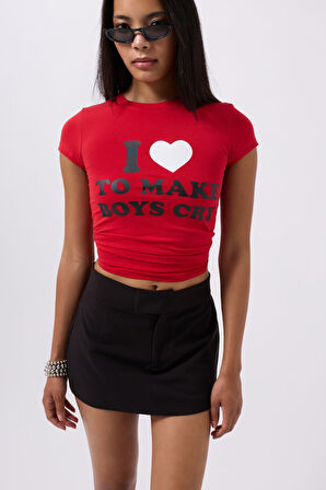 Yonca Moda Evi Nakış Detay Baskılı Crop T-Shirt