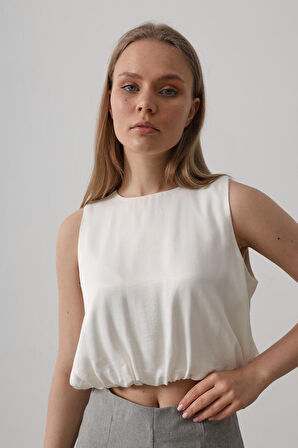 Yonca Moda Evi Saten Kolsuz Belki Lastikli Bluz - Ekru