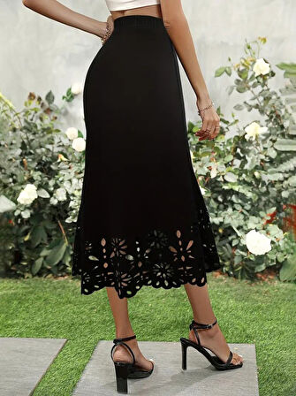 Yonca Moda Evi Kadın Yüksek Bel Lazer Kesim Detaylı Midi Ithal Krep Etek
