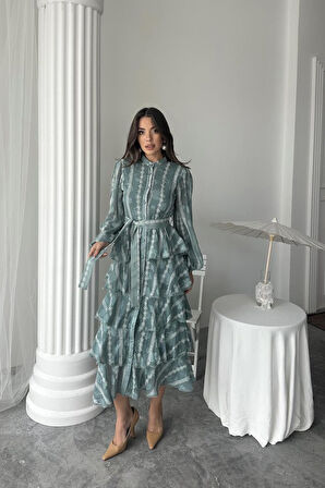 Yonca Moda Evi Mint Uzun Volanlı Elbise