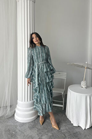 Yonca Moda Evi Mint Uzun Volanlı Elbise