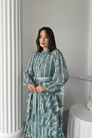 Yonca Moda Evi Mint Uzun Volanlı Elbise