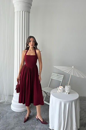 Yonca Moda Evi Bordo Boyundan Bağlamalı Keten Elbise