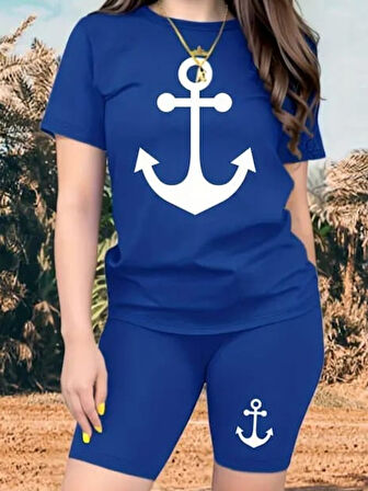 Yonca Moda Evi Kadın Kısa Kollu çapa Baskılı Viskon Ikili Takım