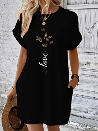Yonca Moda Evi Kadın Kısa Kollu Bisiklet Yaka Cepli Kelebek Baskılı Viskon Elbise