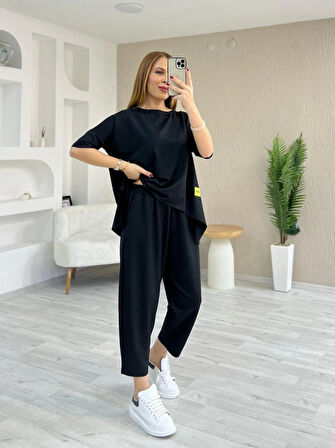 Yonca Moda Evi Kadın Kısa Kollu Bisiklet Yaka Viskon Iki Iplik Bluz Ve Pantolon Ikili Takım