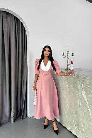 Yonca Moda Evi TASARIM ELBİSE CEKET YAKA GOLD DÜĞME DETAYLI KISA KOL - Pudra