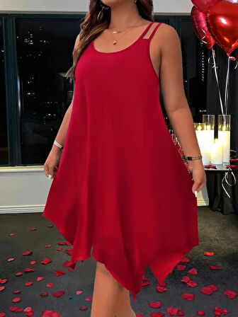 Yonca Moda Evi Kadın Askılı Yuvarlak Asimetrik Kesim Detaylı Viskon Elbise