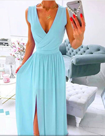 Yonca Moda Evi Kadın şifon Kumaş V Yaka Sıfır Kol Maxi Boy Elbise