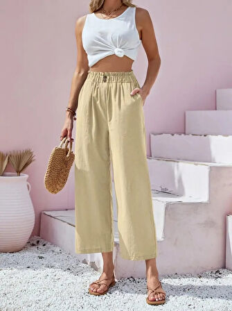 Yonca Moda Evi Kadın Bel Büzgü Ve Düğme Detay Kapri Keten Pantolon
