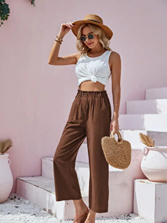 Yonca Moda Evi Kadın Bel Büzgü Ve Düğme Detay Kapri Keten Pantolon