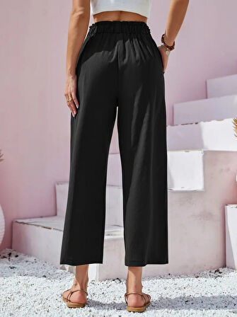 Yonca Moda Evi Kadın Bel Büzgü Ve Düğme Detay Kapri Keten Pantolon