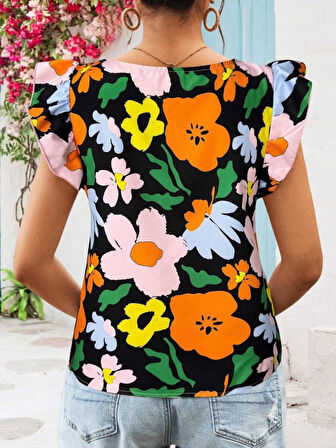 Yonca Moda Evi Kadın Kısa Fırfır Kollu Kare Yaka çiçek Desenli Ithal Keten Bluz