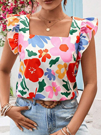 Yonca Moda Evi Kadın Kısa Fırfır Kollu Kare Yaka çiçek Desenli Ithal Keten Bluz