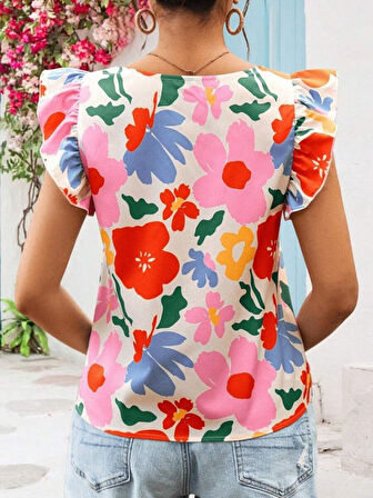 Yonca Moda Evi Kadın Kısa Fırfır Kollu Kare Yaka çiçek Desenli Ithal Keten Bluz