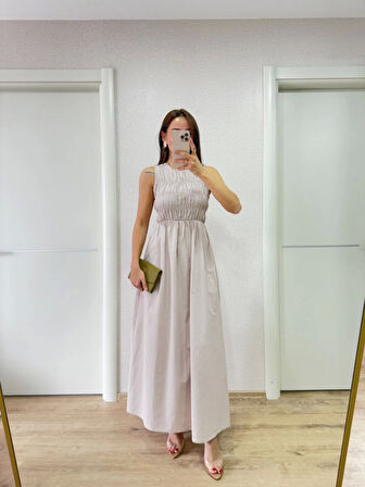 Yonca Moda Evi Kolsuz Göğüs Lastıklı Uzun Elbise - Gri