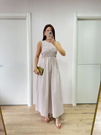 Yonca Moda Evi Kolsuz Göğüs Lastıklı Uzun Elbise - Gri