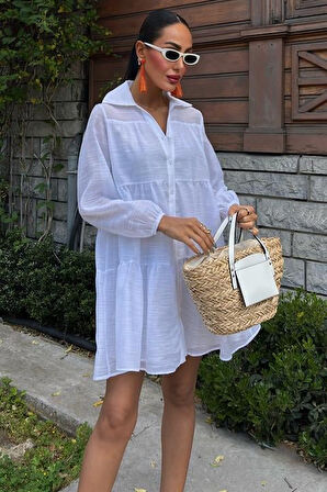Yonca Moda Evi Gömlek Yaka Pileli Elbise 2898