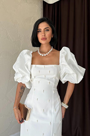 Yonca Moda Evi Beyaz İşlemeli Kolu Garnili Elbise