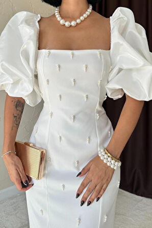 Yonca Moda Evi Beyaz İşlemeli Kolu Garnili Elbise