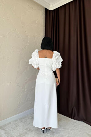 Yonca Moda Evi Beyaz İşlemeli Kolu Garnili Elbise