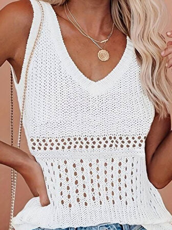 Yonca Moda Evi Kadın Kolsuz V Yaka Delikli örme Detay Triko Bluz