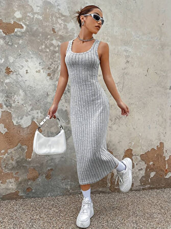 Yonca Moda Evi Kadın Kalın Askılı Kare Yaka Fitilli Kaşkorse Midi Boy Elbise