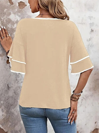 Yonca Moda Evi Kadın Kısa Kollu V Yakalı Viskon Bluz