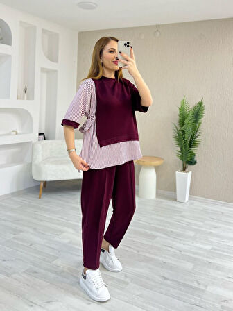 Yonca Moda Evi Kadın Kristal 2 Iplik Kumaş Yanları çizgili Takım