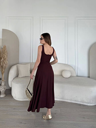 Yonca Moda Evi Sırt Dekolteli Kolsuz Uzun Elbise - Mürdüm