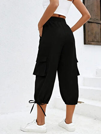Yonca Moda Evi Kadın Yüksek Bel Beli Lastikli Bağcıklı Cepli Kargo Viskon Iki Iplik Pantolon