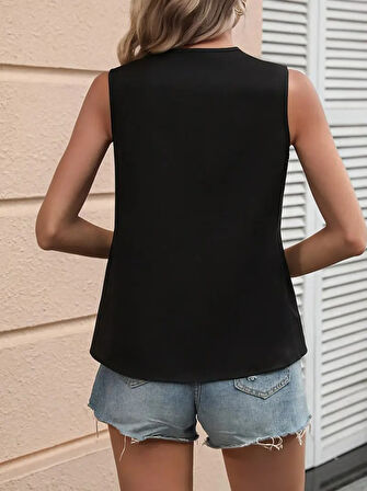 Yonca Moda Evi Kadın Kolsuz V Yakalı Blok Renkli Ithal Krep Bluz