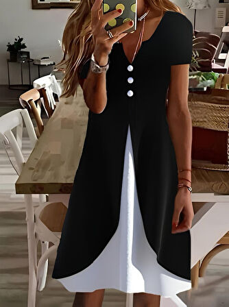 Yonca Moda Evi Kadın Kısa Kollu V Yakalı önden Düğmeli çift Renkli Viskon Elbise